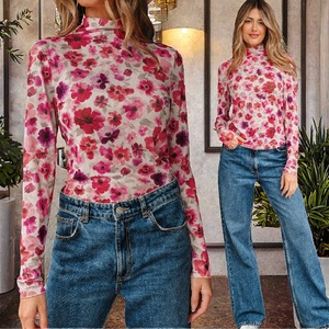 Dear-Lover Blusa de malla de manga larga con estampado floral rojo de moda para mujer, corte ajustado, estilo casual occidental, boutique, otoño primavera, teñido liso - Product Image 3