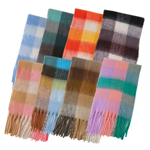 Wholesale Custom Winter Warm and Cozy Ladies Long Plaid Check Fuzzy Blanket Scarf and Shawl for Women