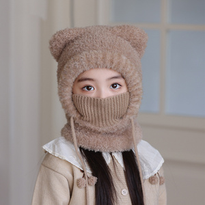 Hiver Extérieur Oreilles d'Ours Mignonnes Bonnet Tricoté Chaud pour Enfants Couleur Solide Bonnets en Peluche Echarpe de Masque 3 en 1 <span class=keywords><strong>Cagoule</strong></span> - Product Image 4