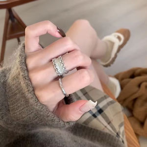 Bague ouverte en argent sterling 925 pour femme, large, à facettes, style rétro, personnalisable, polyvalente, nouvelle tendance - Product Image 5