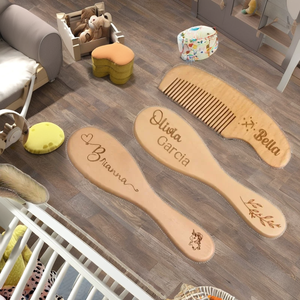 Cepillo y Peine para el Cabello de Bebé con Nombre y Fecha Grabados Personalizados en Madera de Pino y Acacia, Tema de Ángel, Accesorios para Peinar el Cabello de Bebé para el Día de San Valentín - Product Image 2