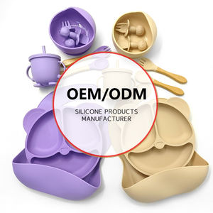 Recién llegado, juego de vajilla de silicona no tóxica ecológica para bebés, cuenco de succión de grado alimenticio, cuchara, babero de alimentación para la hora de la comida de los niños - Product Image 1