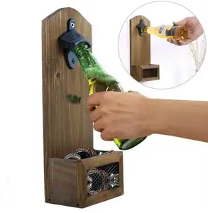 Настенная открывалка для бутылок с ловцом, винтажная деревянная открывалка для пивных бутылок для бара, кухни, дома
