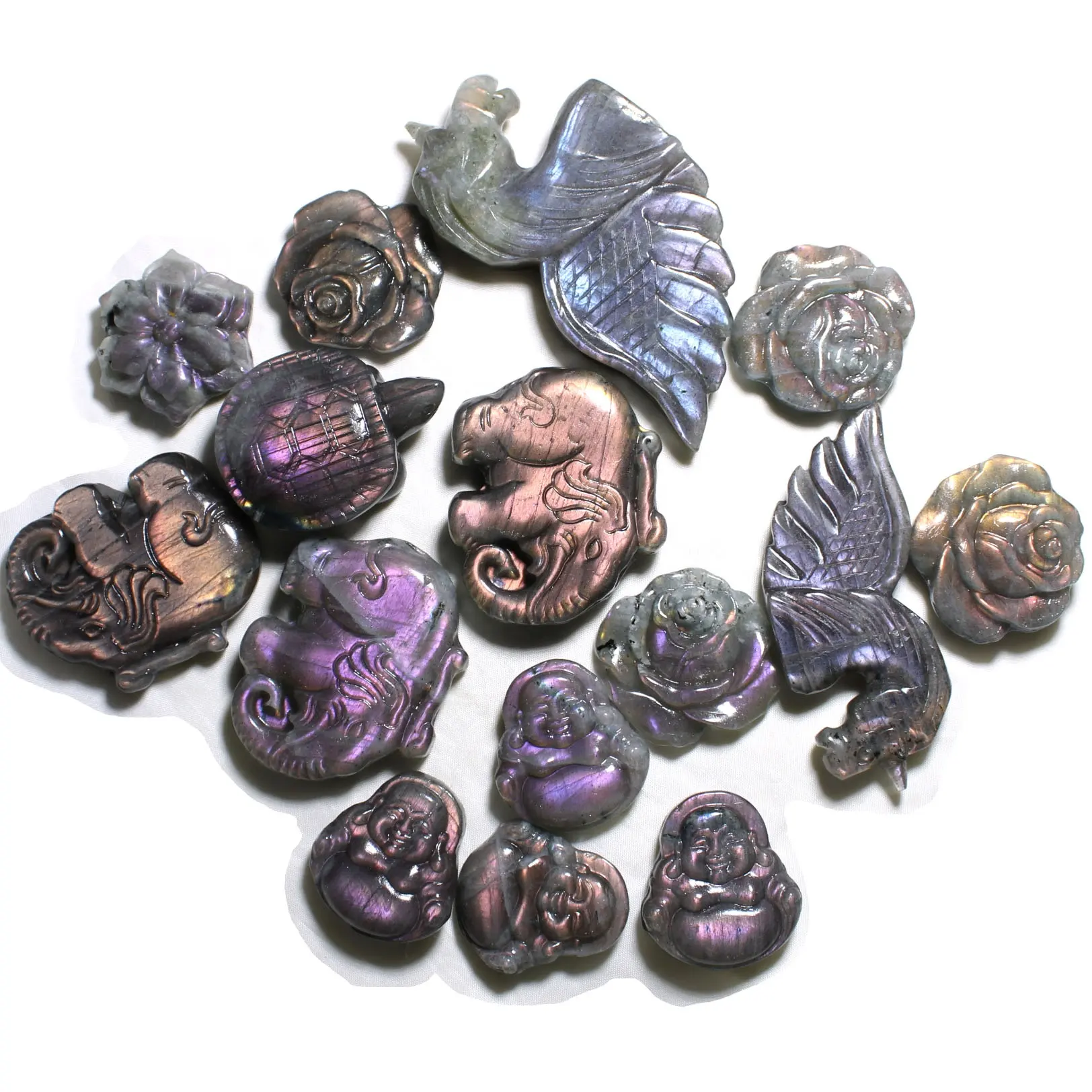 Hand geschnitzte viele geformte natürliche rosa lila Flash Labradorit Stein kristalls chnitzereien