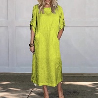 Robe mi-longue vintage en lin, coupe ample, col rond, manches à revers, tenue décontractée d'été pour femme 2026