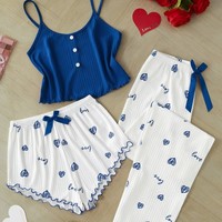 P346 Setelan Piyama Wanita Dua Potong Ukuran Besar dengan Pinggang Elastis, Motif Cetak Bentuk Bunga, Fashion Musim Semi
