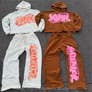 Survêtements d'hiver personnalisés pour hommes : Sweat à capuche effet vieilli avec broderie appliquée et pantalon de survêtement évasé - Product Image 2