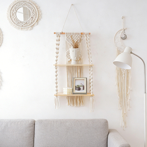 Scaffale Moderno in Stile Bohemien per <span class=keywords><strong>Libri</strong></span> e Piante, Portaoggetti da Parete in Legno e Tessuto Intrecciato a Mano per B&B e Soggiorno - Product Image 3