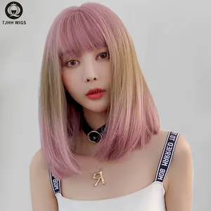 Wig 7JHH Grosir Ombre Merah Muda Blond Vendor Rambut Korea Ketebalan 150% Bob Pendek dengan Poni Wig Rambut Sintetis Ombre Bob Wig