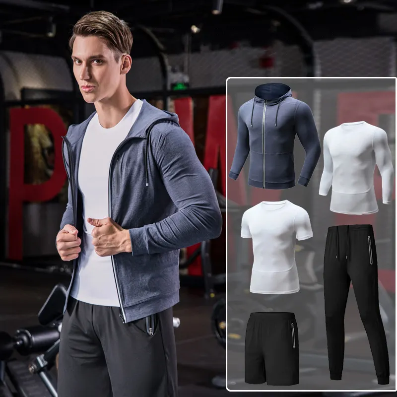 Autumn and Winter Men's Sportswear Hooded Jacket Set Slim Long Short-sleeved Running Training Breathable Shorts Five-piece Set