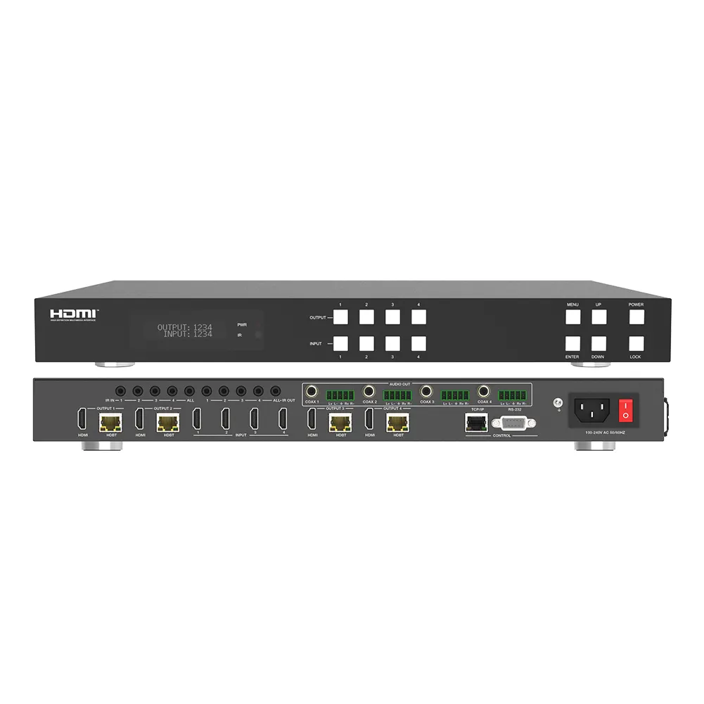 HDBaseT matrix 4X4 150M supporto estratto Audio/4K -> 1080P Downscaler/CEC/POC/IR/Audio/RS-232/LAN/ Web GUI 4K @ 60Hz YUV4:4:4