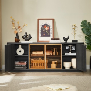 Luxury Solid Wood Round <b>Sideboard</b> with Vertical Stripe Design Modern Storage Cabinet for Living Room - Product Image 1