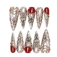 Faux Ongles à Coller pour Femme, Argent Chromé Rouge, Stiletto 3D, Motif Fleur de Lys, Perles et Armure pour Style Gothique Baroque