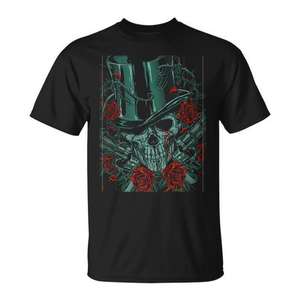 Camiseta con estampado de calavera, rosa roja y sombrero de copa para hombre, camiseta gráfica negra - Product Image 1