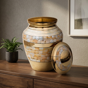 Premium Mother of Pearl Brass Cremation Urns for Human Ashes Brass Urn with MOP Inlay Handcrafted Ashes Urns from India - Product Image 3