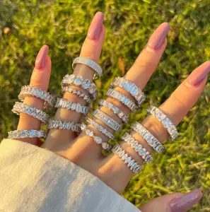 Yüksek kalite CZ gelin nişan mücevherat 925 ayar gümüş bant yüzük Eternity söz elmas alyans takı kadınlar