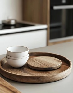 Plateau de service rond en bois, finition polie et lisse, idéal pour la cuisine, la table basse, les restaurants et les hôtels. Disponible au meilleur prix. - Product Image 2