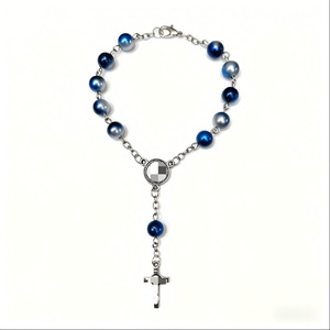 Bracelet chapelet Perle Bleue 11 Perles Pendentif Croix Femme Cérémonie Religieuse Catholique Alliage de Zinc Couleur Argent Forme Ronde - Product Image 1