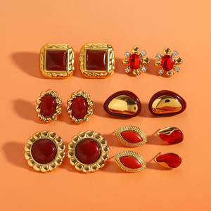 Fashion Stud <b>Earrings</b> Bezel Setting <b>Red</b> Agate Zinc Alloy Geometric Flower Shape Stainless Steel Ear Post Party Jewelry - Product Image 4