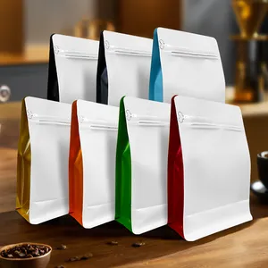 Gran oferta, ocho sellos laterales, papel de aluminio, fondo plano, cremallera reciclable, bolsa de embalaje de café para alimentos con cremallera y válvula