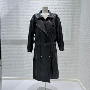 Cappotto Lungo in <span class=keywords><strong>Pelle</strong></span> di Pecora per <span class=keywords><strong>Donna</strong></span>, <span class=keywords><strong>Nero</strong></span>, Impermeabile, con Zip, Doppiopetto, Bottoni, Risvolto e Cintura, per Occasioni Formali - Product Image 1