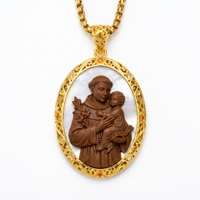 Collier Camée Saint Antoine de Padoue en Laiton Plaqué Or 18K avec Coquille de Nacre, Pendentif Catholique Franciscain Marron, Cadeau