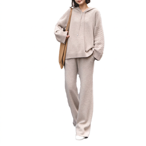 Ensemble de pulls en tricot à capuche pour femmes, couleur unie, manches longues, pull décontracté avec poches, vêtements d'automne - Product Image 3
