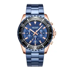 Megir 2064 yeni mavi rahat spor saatler lüks paslanmaz çelik kol saati adam saat moda horloge saatler erkekler
