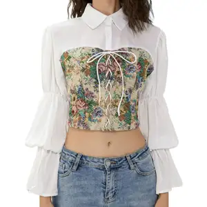 Fashion Oil Painting Design Sense Lace Stitching Bubble Sleeve Shirt Cut Blouse Blouse For Women