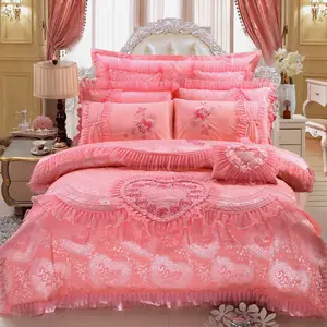 Жаккардовые Кружевные Розовые Свадебные постельные принадлежности принцессы в Корейском стиле с подушками в форме сердца