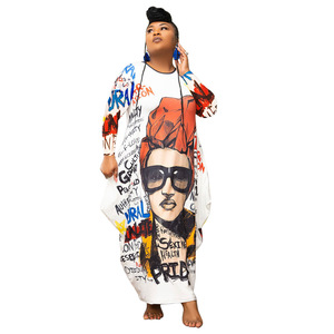 N7581 Robe longue asymétrique à manches longues pour femmes grandes tailles, style européen et américain, avec ourlet large et motifs imprimés - Product Image 6