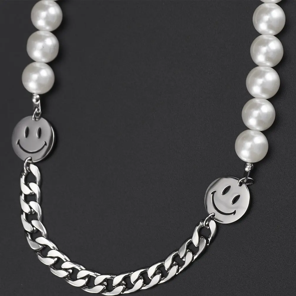 Wholesale Half Pearl Half Thick Chain Men Pearl Necklace with Smiley Faces