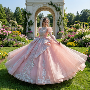 Robe de mariée de Quinceañera moderne rose Xs248 avec des appliques à imprimé floral, des perles et des paillettes, robe de princesse pour - Product Image 1