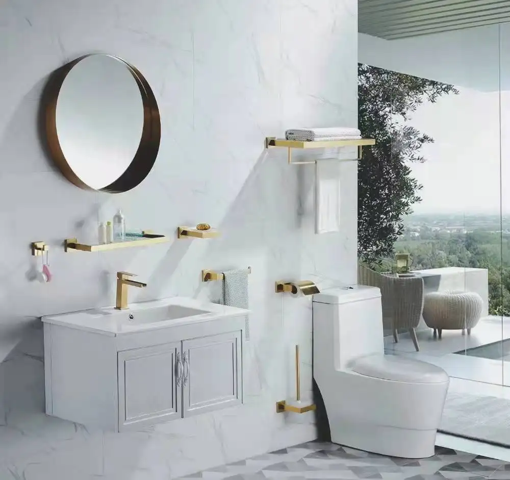 Accessoires de salle de bain mural en acier inoxydable 304, support mural de haute qualité en or et noir, ensemble avec barre à serviettes carrée et support de bagues