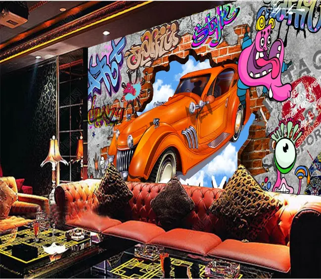 3d wallpaper Nostalgic graffiti 3D brick wall car bar restaurant background wall