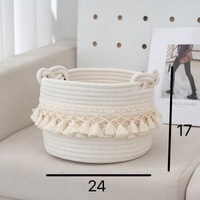 Panier de rangement écologique en corde de coton 100 % tressée, durable, peu encombrant, avec boucle porte-bonheur et pompon, style moderne