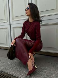 Vêtements d'automne pour femmes, <span class=keywords><strong>jupe</strong></span> <span class=keywords><strong>longue</strong></span> en <span class=keywords><strong>cuir</strong></span> PU sexy et ajustée, mini <span class=keywords><strong>jupe</strong></span> en <span class=keywords><strong>cuir</strong></span> à cordon de serrage, <span class=keywords><strong>jupe</strong></span> <span class=keywords><strong>longue</strong></span> d'été pour femmes - Product Image 2