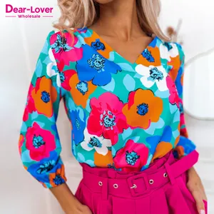Sevgili-sevgilisi OEM ODM toptan yeni tasarım bluz kadınlar Tops 3/4 kollu renkli çiçek baskı bluzlar zarif kadın