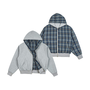 Felpa con Cappuccio Personalizzata OEM ODM 400 Gsm, Pesante, a Doppio Strato in Flanella a Quadri, Reversibile con Zip - Product Image 2