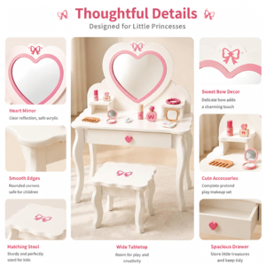 Grande Toeletta Principessa in Legno Bianco con Specchio, Cassetto e Portagioie per Bambine, Gioco Educativo per Bambini - Product Image 4