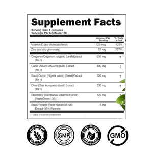 Capsules d'huile d'<span class=keywords><strong>origan</strong></span>, d'ail, de feuille d'olivier et de graines noires avec vitamine D3 et zinc, marque privée OEM, 120 capsules - Product Image 4