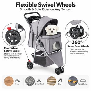 Poussette pliable pour animaux de compagnie, pliage à une main, légère, 3 roues, réglable, portable, pour chiens et chats, avec rangement - Product Image 3