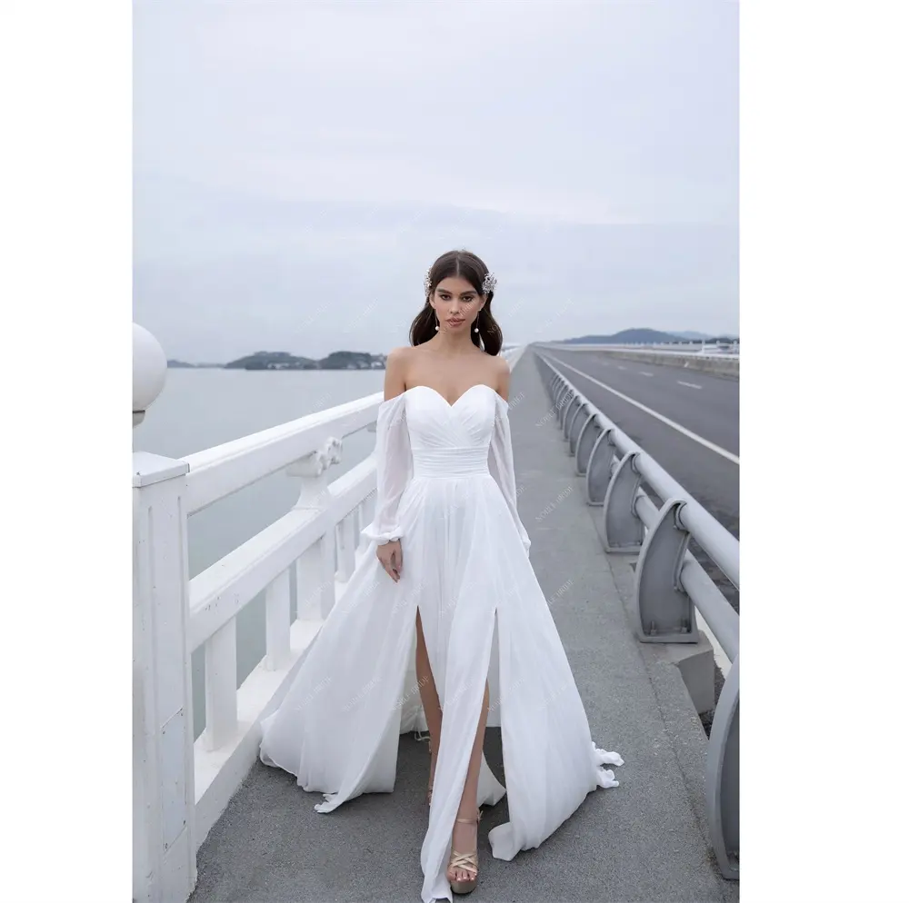 2023 New Arrival Off Shoulder Side Slit Simple Chiffon Wholesale Custom Wedding Bridal Dress