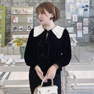 Blusa de terciopelo para mujer talla grande con cuello de encaje desmontable y diseño reversible, color negro N8160 - Product Image 4