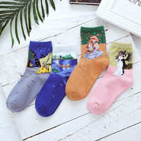 Chaussettes pour femmes en coton, chaudes, personnalisées, style Van Gogh, tendance, avec motifs de peinture à l'huile colorée