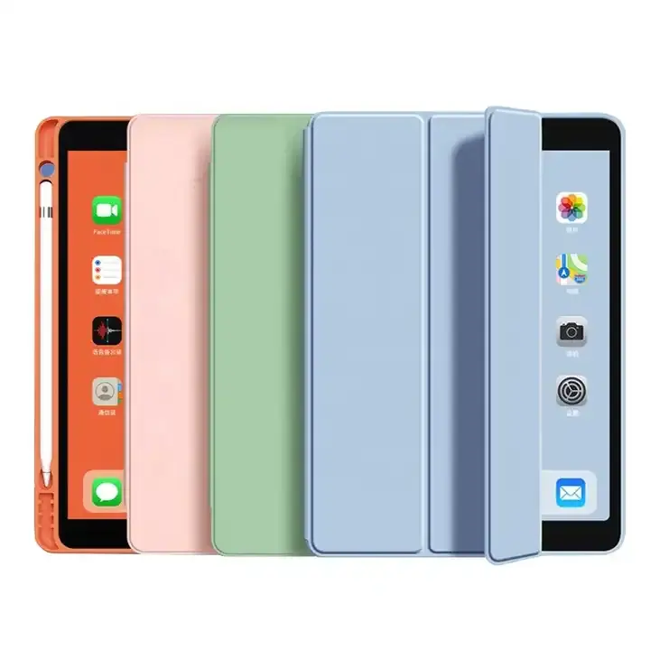 For iPad 10.2 Case with Pencil Holder Auto Wake/Sleep Cover Trifold Stand Shockproof Soft TPU Back Cover for iPad 9th Gen