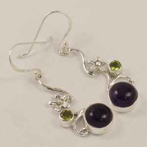 42 Cm 1 5/8 "Pulgadas 2 Piedras 925 Pendientes de amatista de plata esterlina sólida con flor Pendientes hechos a mano Joyería fina - Product Image 1