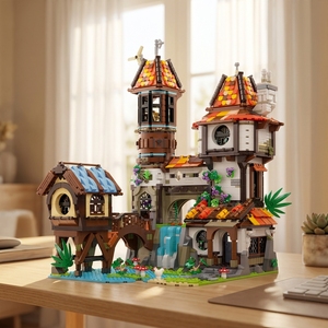 Blocs de construction de château <span class=keywords><strong>moulin</strong></span> <span class=keywords><strong>à</strong></span> <span class=keywords><strong>eau</strong></span> médiéval fantastique - Modèle d'architecture rétro de chalet, jouet en briques DIY pour collection d'adultes - Product Image 5