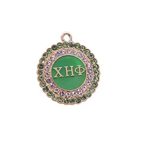 Pendentif charmant inspiré du Chi Eta Phi grec, incrusté de strass, lettres en forme de fleur en métal avec accent doré - Product Image 1