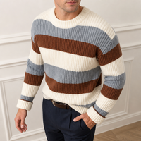 Pull en cachemire 100% personnalisé anti-rides pour homme, col rond, tricot côtelé rayé, épais et chaud, idéal pour l'automne, vente en gros